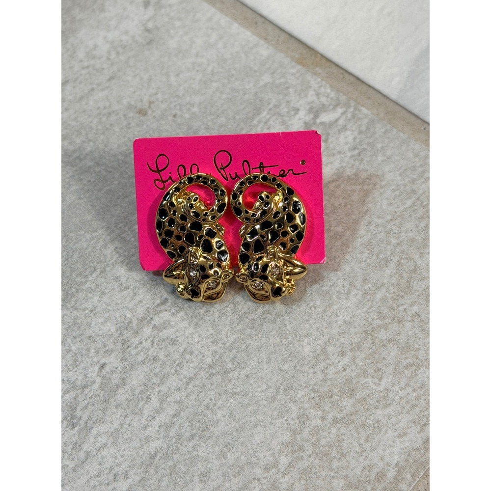 Lilly Pulitzer Leopard Stud Earrings Gold Tone Black Enamel Crystal Accent
